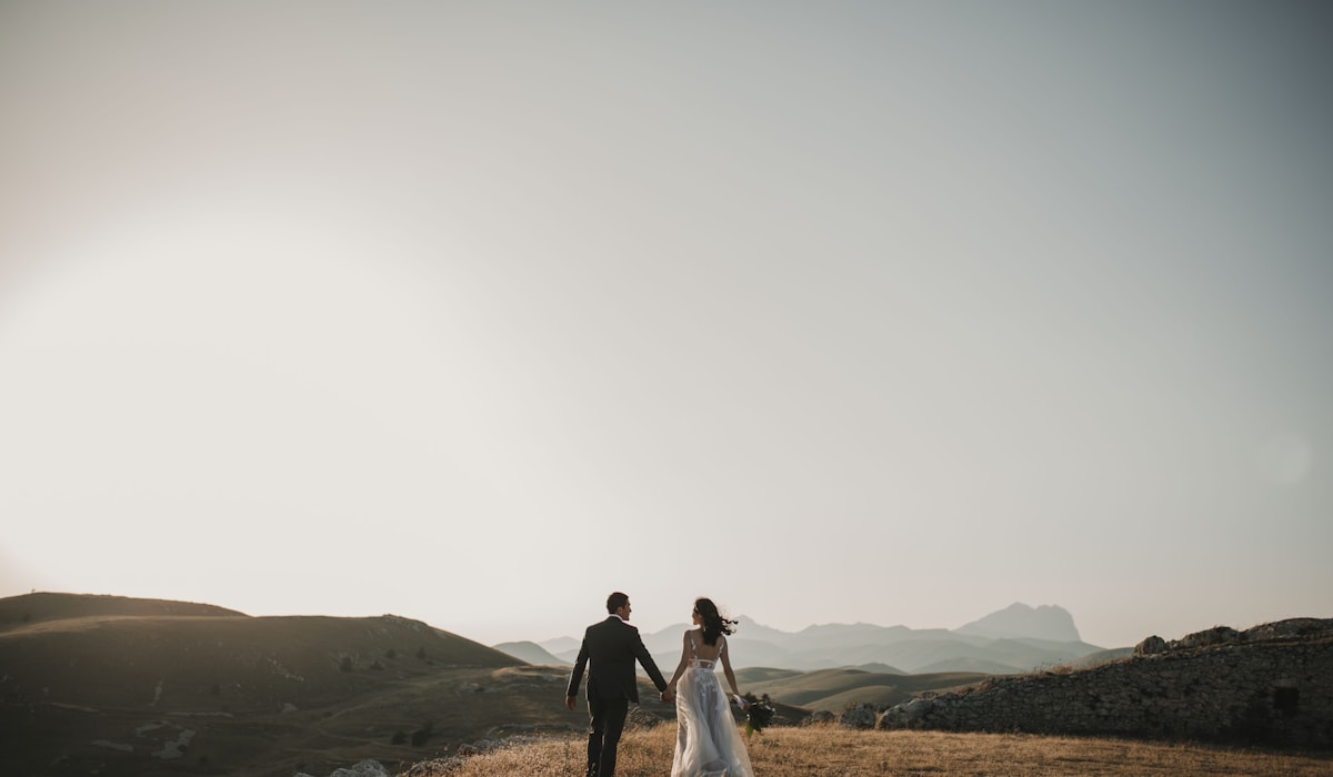 Décoration de mariage en montagne avec arche en bois, fleurs séchées et vue panoramique sur les Alpes en Isère